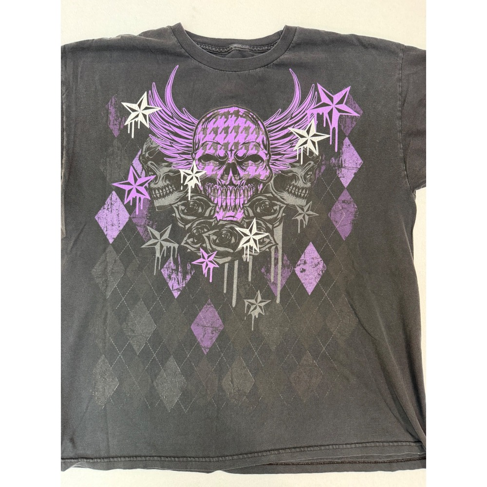 Carbon Mens XL Black Purple Winged Skull Graphic T-Shirt Y2K Grunge Streetwear